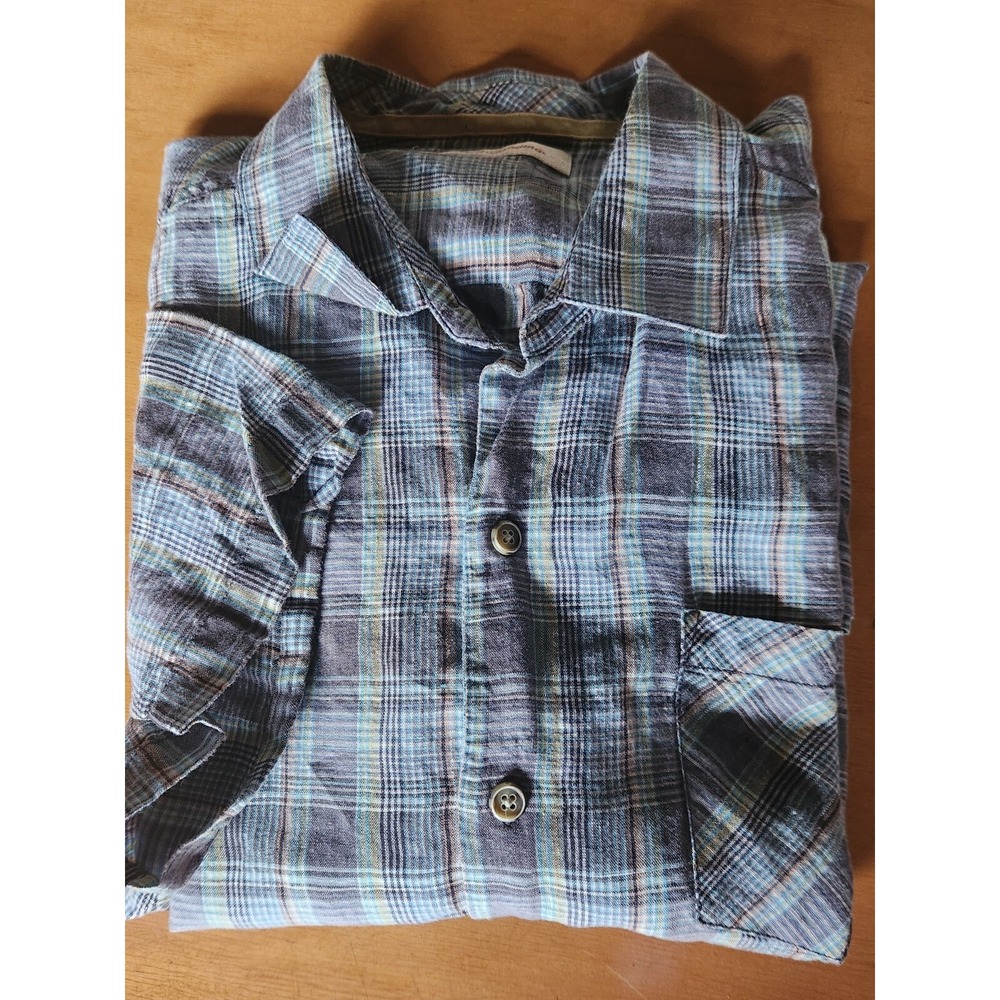 Tommy Bahama XL Men's Short Sleeve Dress Shirt Button Up Plaid 100% Linen